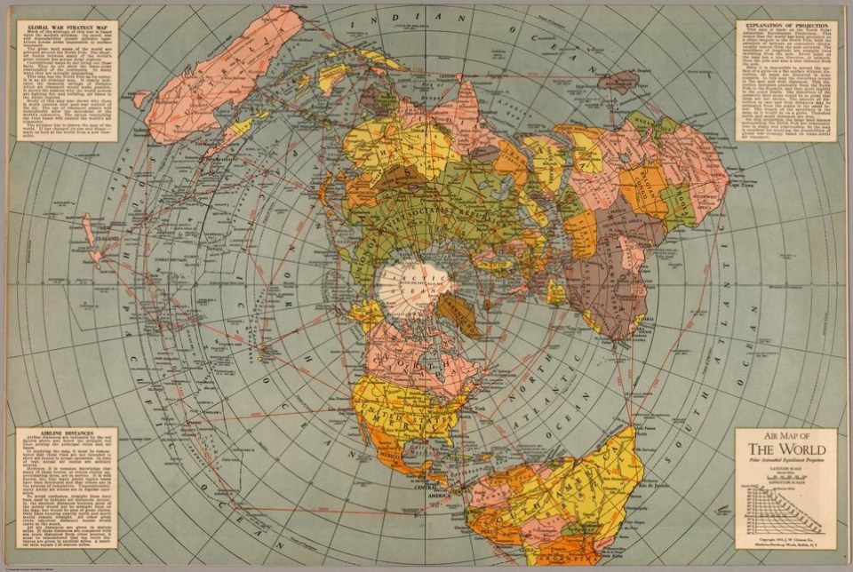 1943 Flat Earth Map. World war stratgy map
