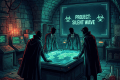 Shadowy men around a glowing world map table under a sign saying PROJECT: SILENT WAVE.