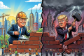 Caricature of a leader building bricks labeled economy, jobs, industry, infrastructure and destroying bricks labeled norms, unity, alliances, polarization, discourse.