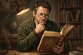 Man with glasses reading an old history book under a desk lamp