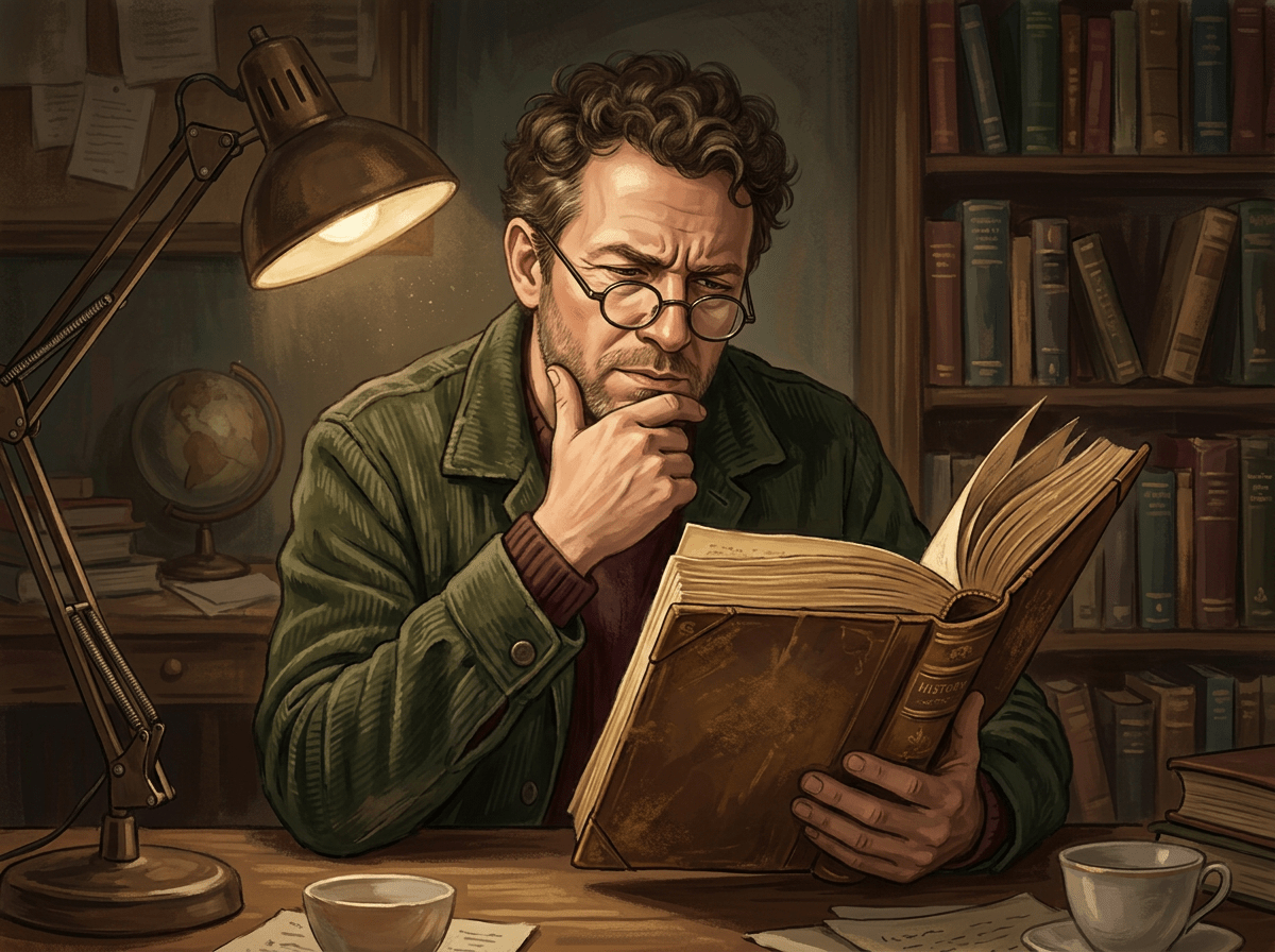 Man with glasses reading an old history book under a desk lamp