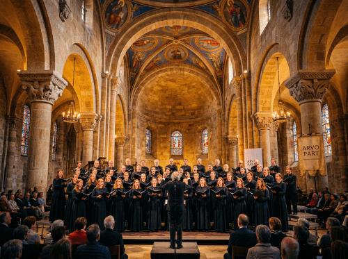 Choir dressed in black robes singing in a cathedral with stained glass windows and gothic arches