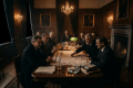 Men in suits sitting around a table with documents, stacks of money, and a chart