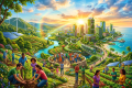 Community planting trees and farming with solar panels, wind turbines, and green skyscrapers