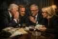 Four people in suits discussing while holding cash and smoking a cigar at a table