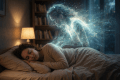 Woman resting head on hand at table with glowing ethereal figure behind her.