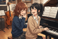 Two girls smiling and playing piano duet in a music room with cello and music posters