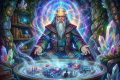 Bearded wizard in robe with glowing third eye projecting galaxy and futuristic scenes