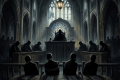 Silhouetted bound defendants and judge in dark courtroom with gothic architecture
