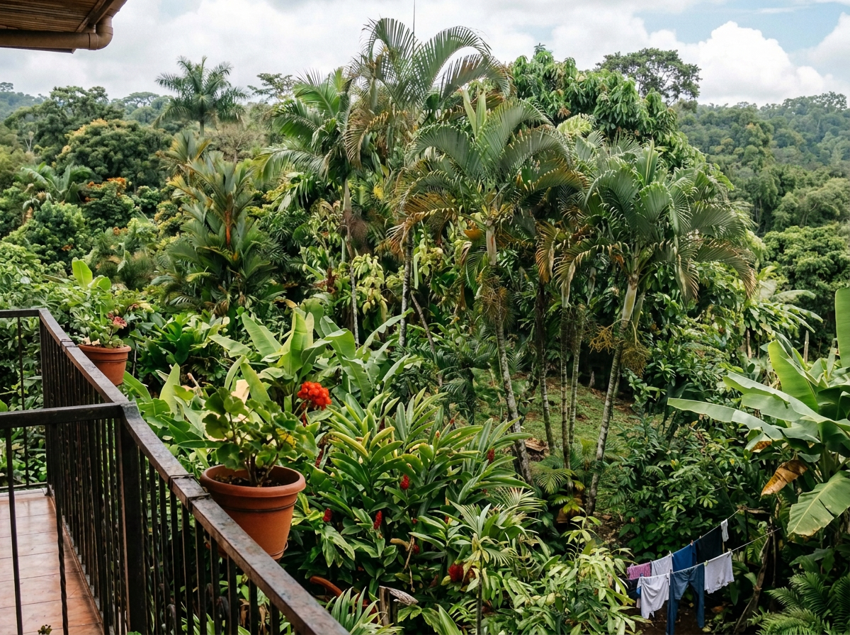 Backyard garden with tropical plants and clothes hanging on a line