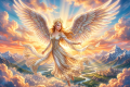 Winged crowned woman floating above mountains, river, and castle