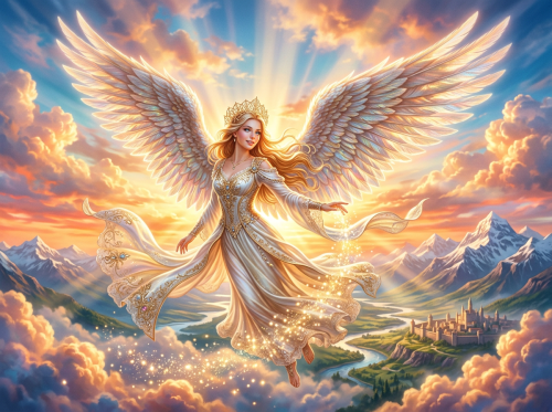 Winged crowned woman floating above mountains, river, and castle
