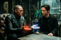 Two men examine glowing red and blue pills in a dim workshop