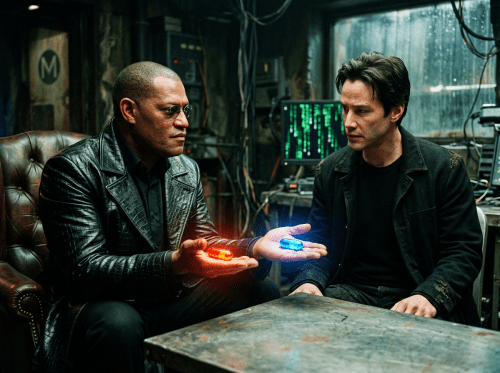 Two men examine glowing red and blue pills in a dim workshop