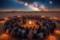 Five elders gather around a desert campfire beneath the Milky Way