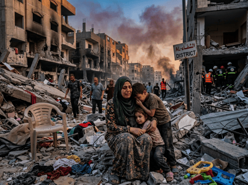 Mother and two children amid rubble; sign reads Al-Shuja'iya District