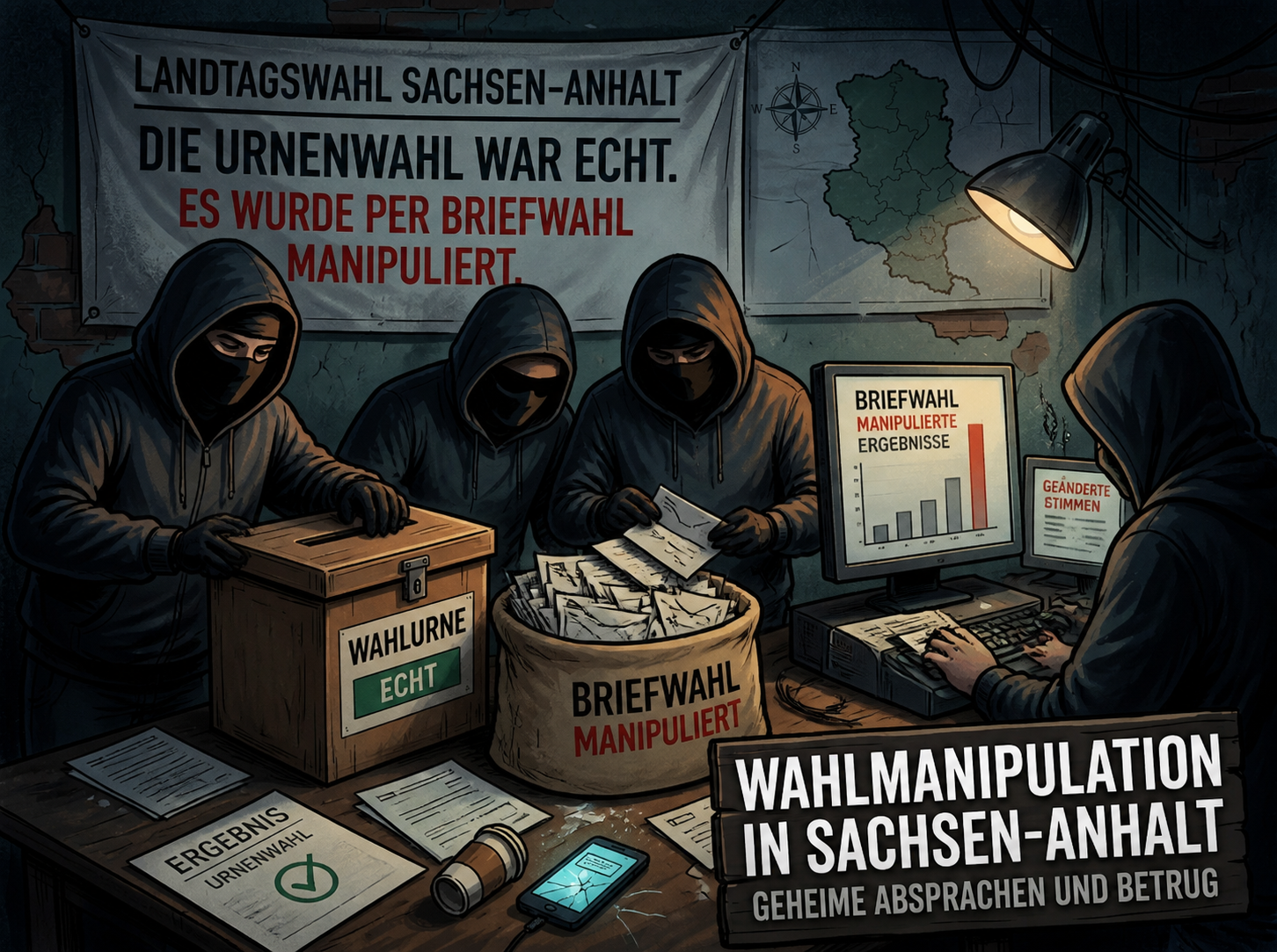 Masked figures handle ballots and voting equipment; text reads “LANDTAGSWAHL SACHSEN-ANHALT,” “STIMMENAUSZÄHLUNG,” “WAHLURNE STIMMBEZETTEL,” “ERROR,” “WAHLMANIPULATION IN SACHSEN-ANHALT,” and “GEHEIME ABSPRACHEN UND BETRUG.”