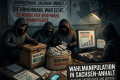 Masked figures handle ballots and voting equipment; text reads “LANDTAGSWAHL SACHSEN-ANHALT,” “STIMMENAUSZÄHLUNG,” “WAHLURNE STIMMBEZETTEL,” “ERROR,” “WAHLMANIPULATION IN SACHSEN-ANHALT,” and “GEHEIME ABSPRACHEN UND BETRUG.”