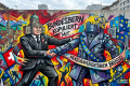 Mural reading “BUNDESBERN KOPULIERT MIT... MENSCHENVERACHTENDEM BRUSSEL,” with Swiss and EU symbols