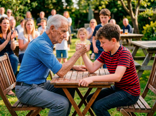 Grandfather and boy arm wrestling at a picnic table while family watches