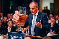 Speaker at podium holding beer, with sign reading “DEUTSCHLAND GEMEINSAM”